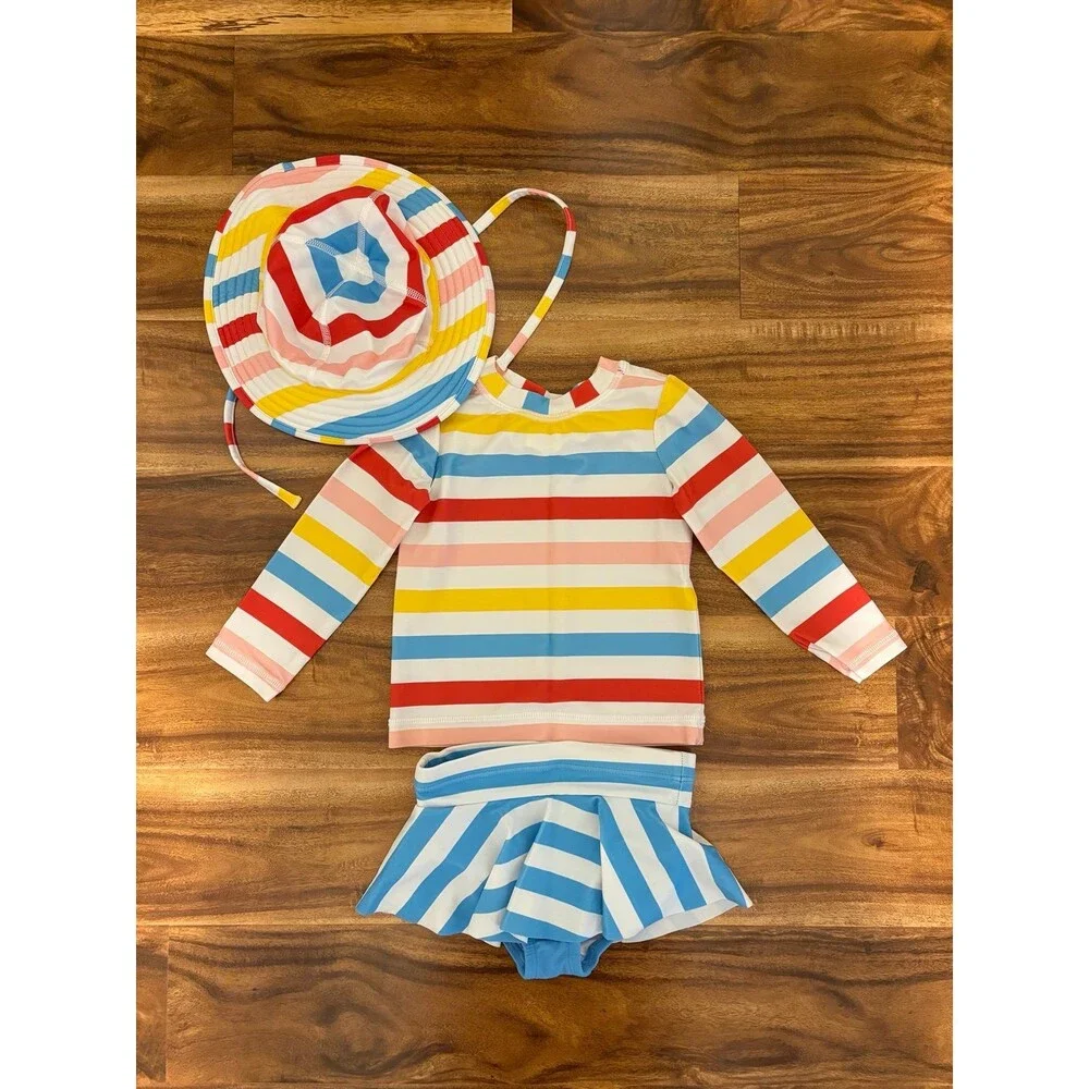 Hanna Andersson Two Piece Swimsuit & Hat, Primary Stripes, Size 2T